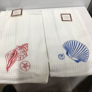 White with orange and blue shell Waffle kitchen towel set of 2